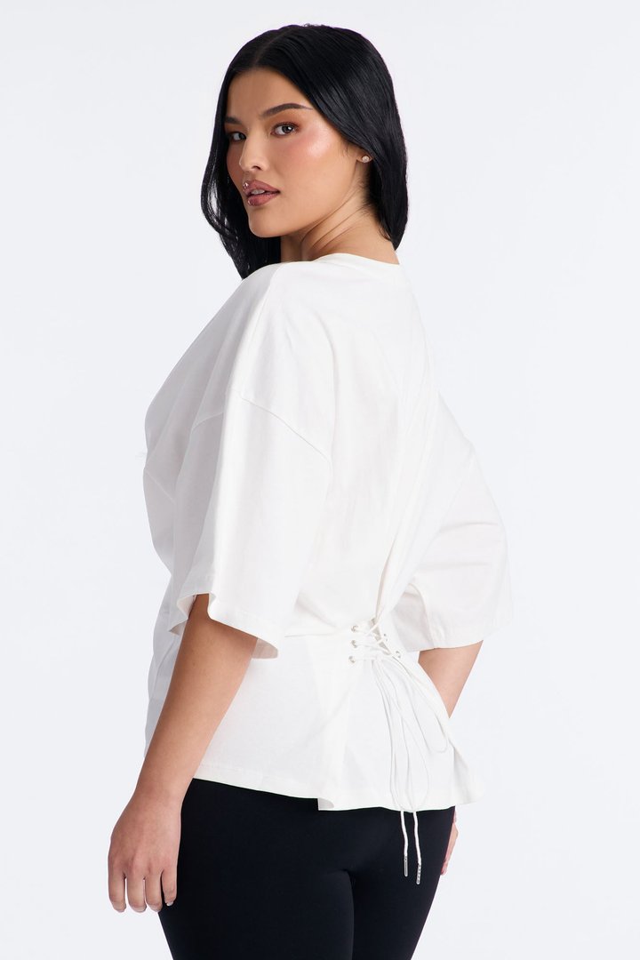100% Premium Cotton Tie Back Cinched Waist Tee - White