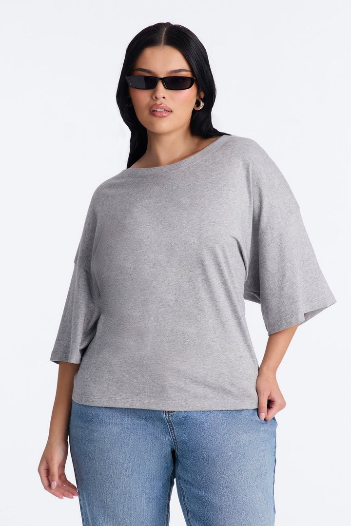 100% Premium Cotton Tie Back Cinched Waist Tee - Heather Grey