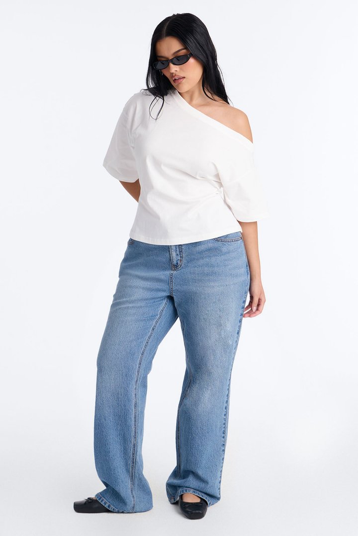 100% Premium Cotton Off Shoulder Short Sleeve Tee - White