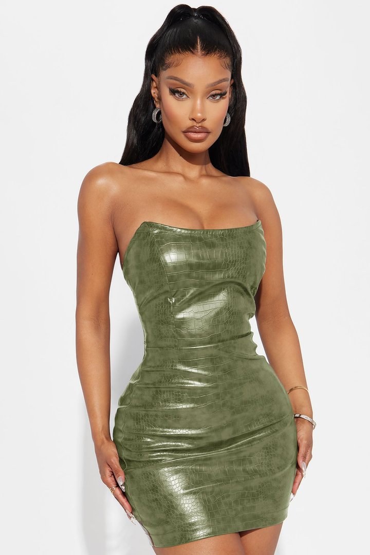 Hit The Gas Faux Leather Trench and Mini Dress Set - Olive
