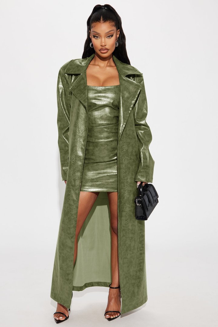 Hit The Gas Faux Leather Trench and Mini Dress Set - Olive