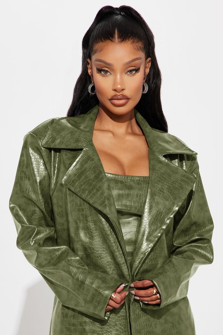 Hit The Gas Faux Leather Trench and Mini Dress Set - Olive