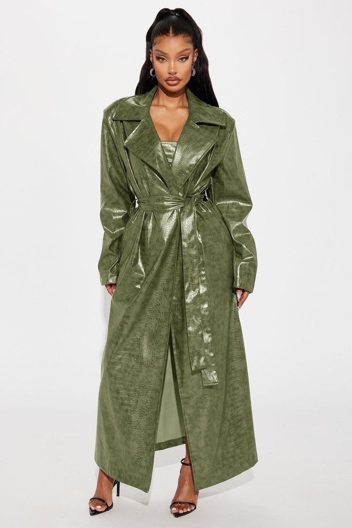 Hit The Gas Faux Leather Trench and Mini Dress Set - Olive