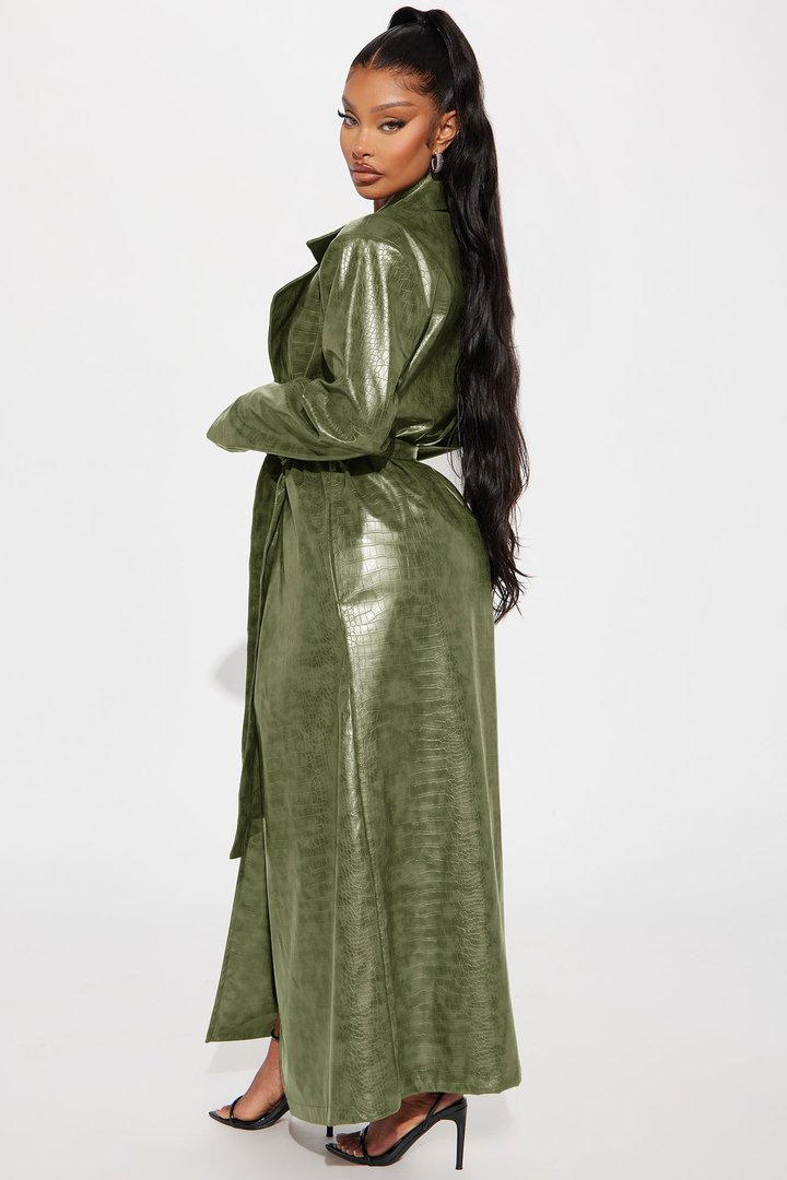 Hit The Gas Faux Leather Trench and Mini Dress Set - Olive