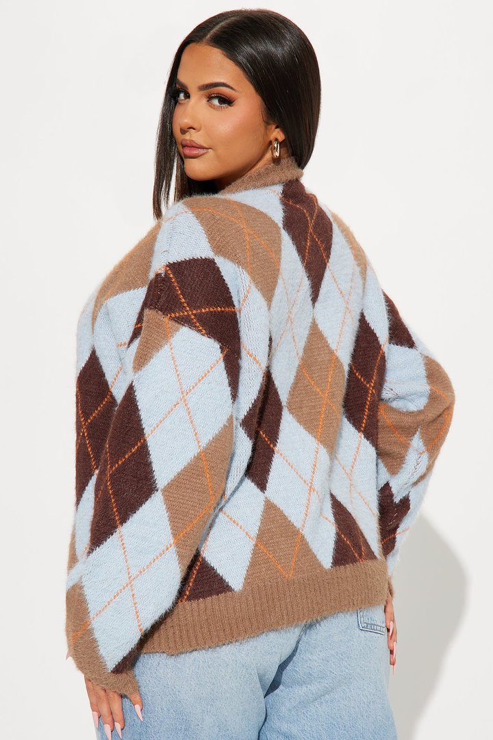 Preppy Girl Argyle Cardigan - Taupe/combo