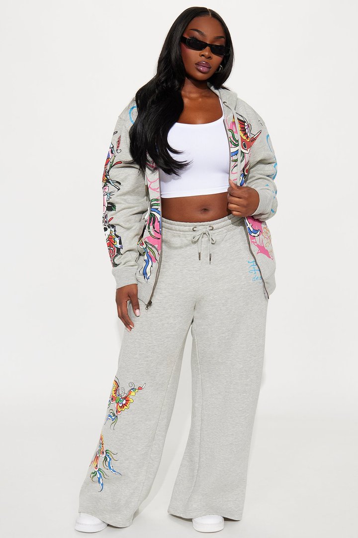 Ed Hardy Butterflies Zip Up Oversized Hoodie - Heather Grey