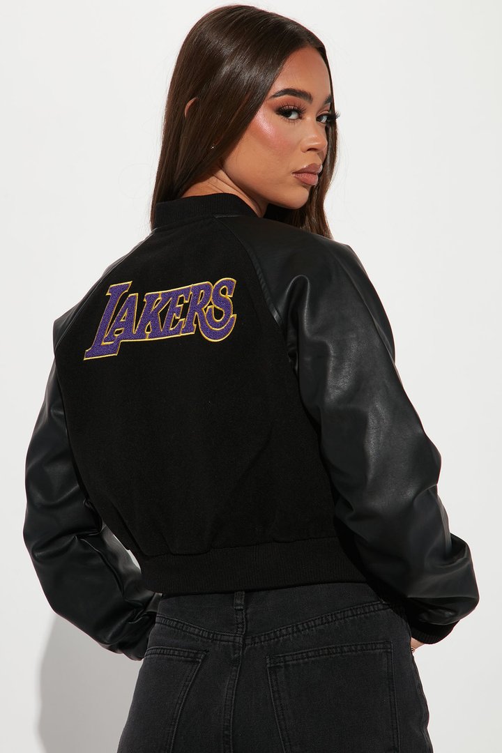 Lakers Cropped Letterman Jacket - Black