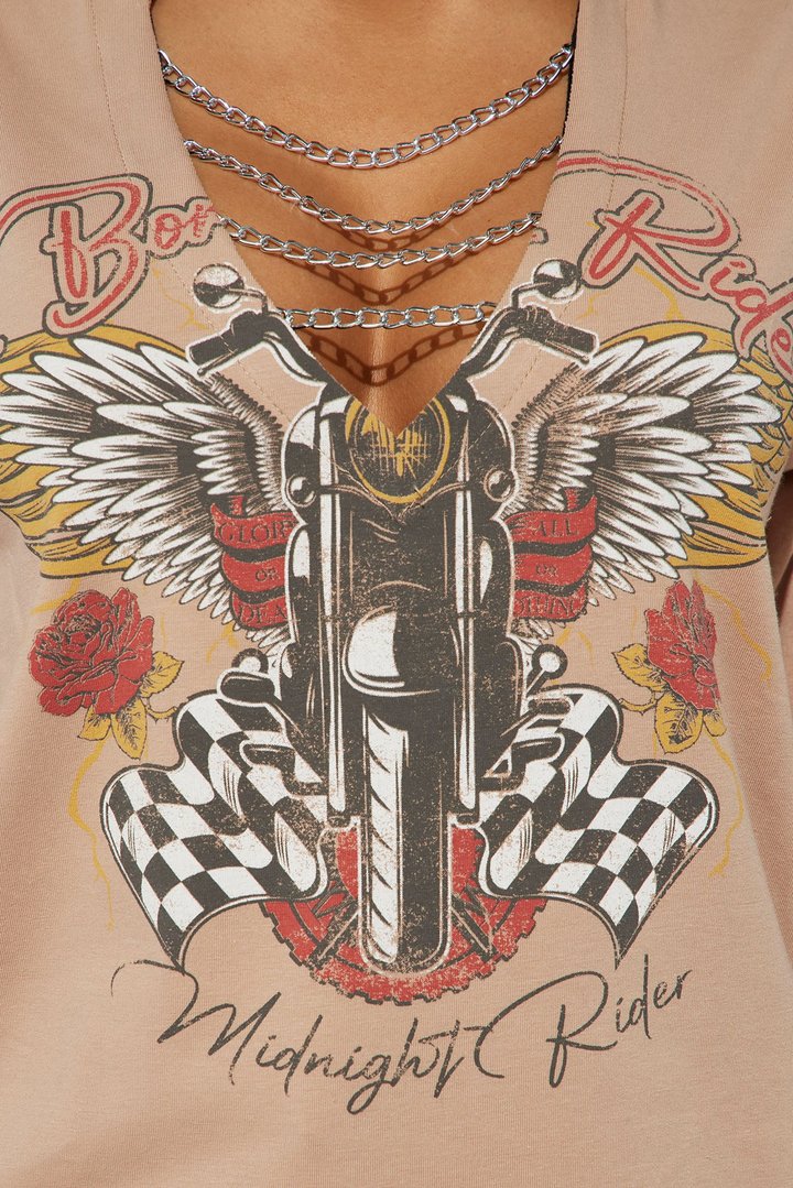 Midnight Ride Plunge Neck Tee - Beige