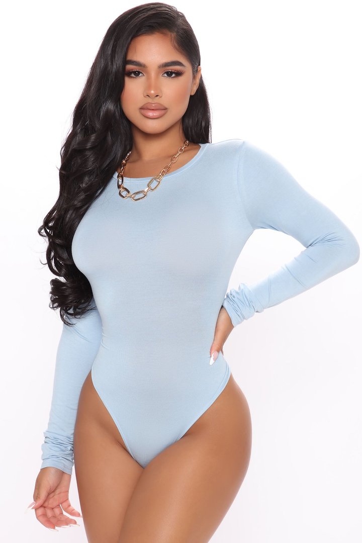 Krystal Crew Neck Long Sleeve Bodysuit - Light Blue