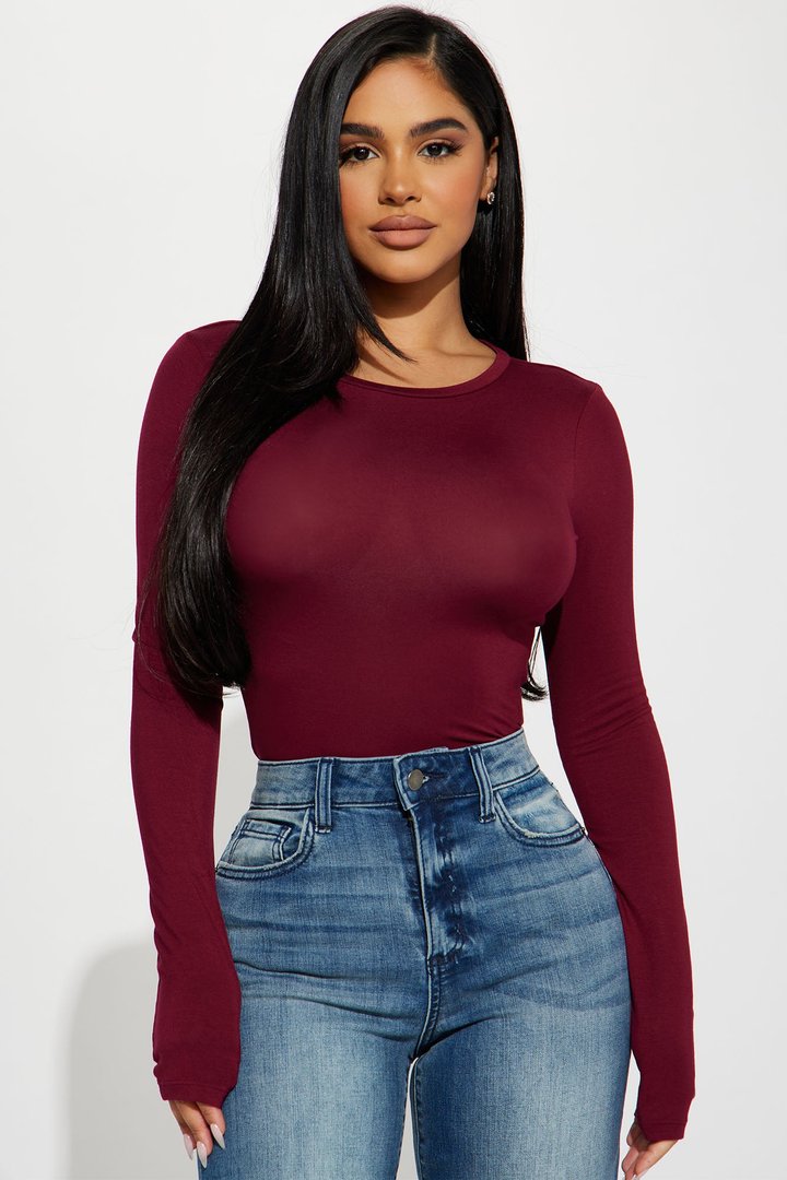 Krystal Crew Neck Long Sleeve Bodysuit - Wine