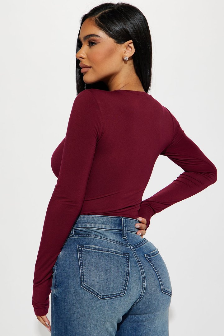 Krystal Crew Neck Long Sleeve Bodysuit - Wine