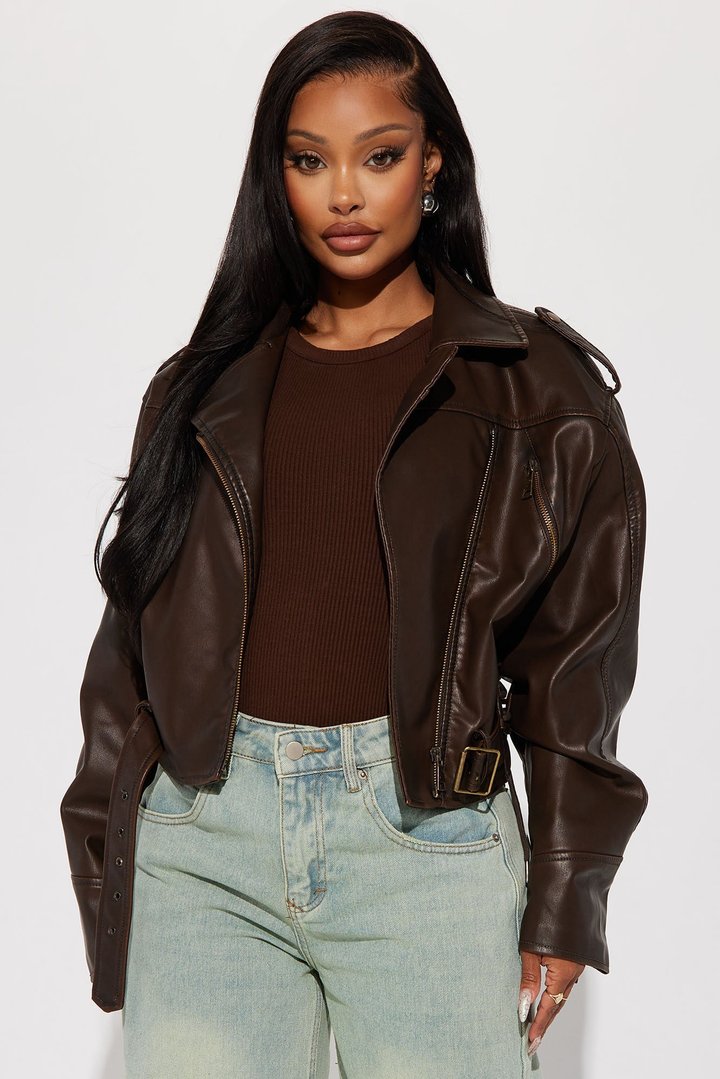 Check The Deets Faux Leather Moto Jacket - Brown