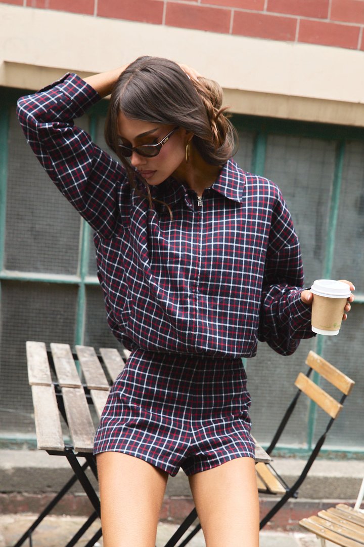 Me And You Plaid Short Set - Navy/combo