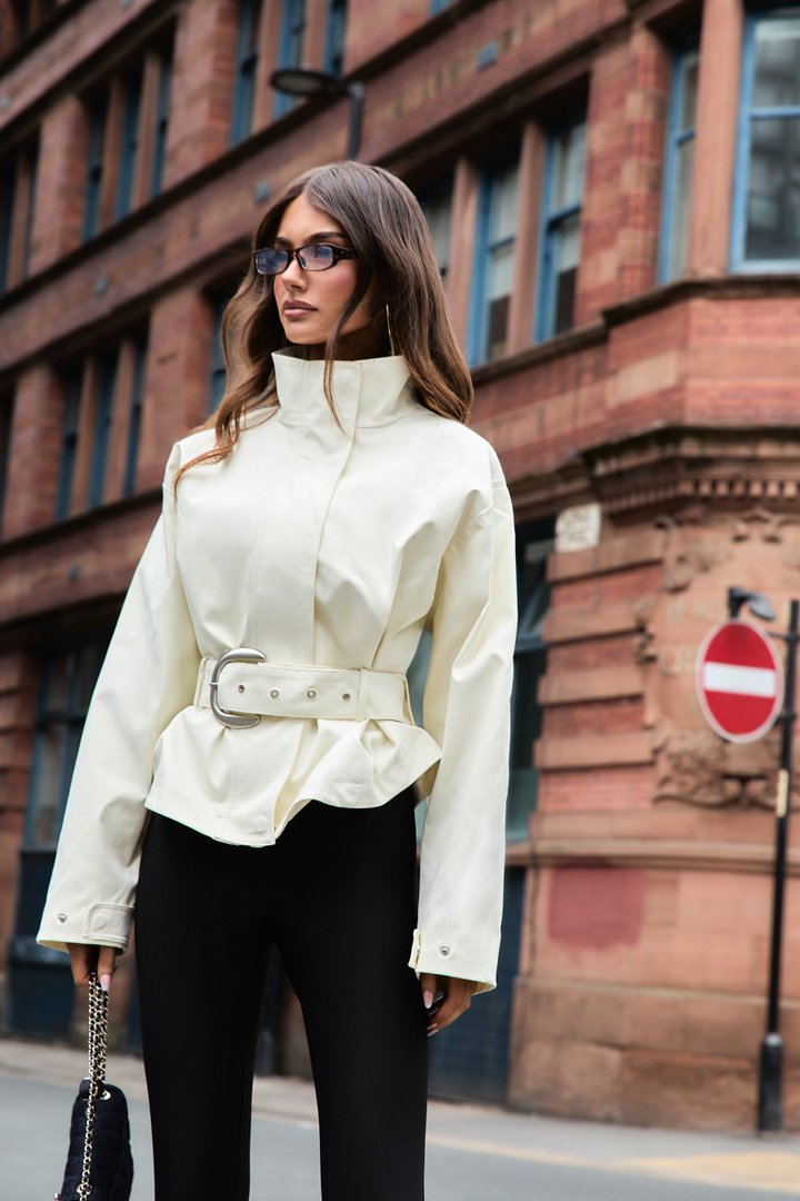 On The Move Nylon Blend Belted Jacket - Stone