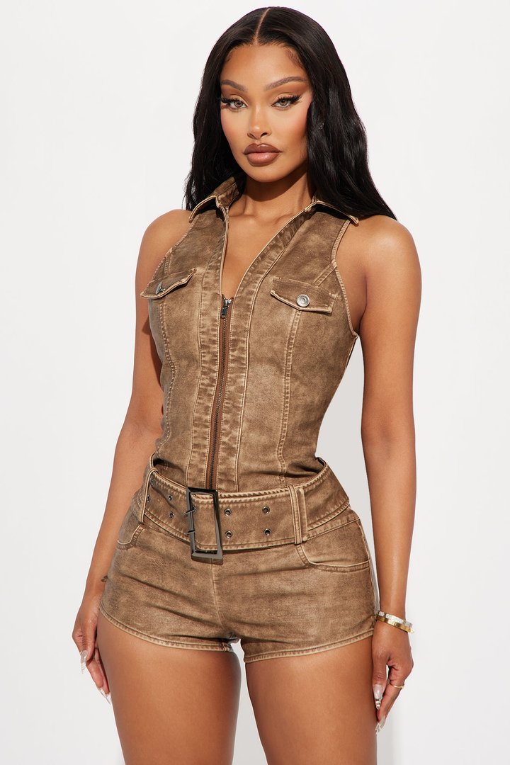 Feeling Jaded Washed Faux Leather Romper - Brown