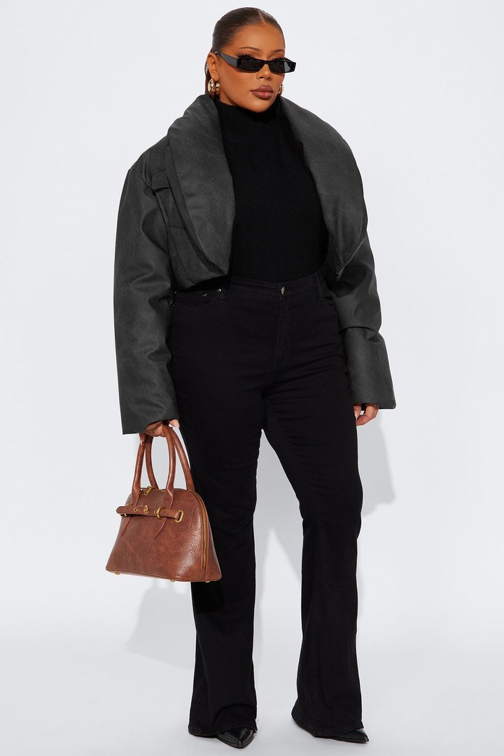 Cloud Hopping Faux Leather Puffer Jacket - Black Wash