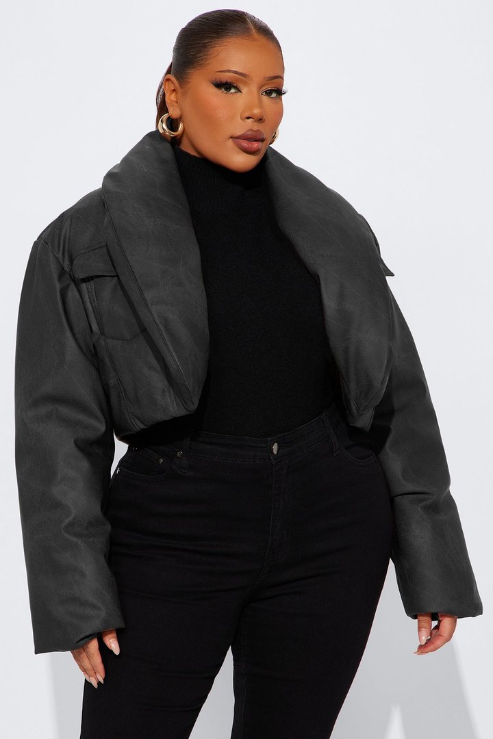 Cloud Hopping Faux Leather Puffer Jacket - Black Wash
