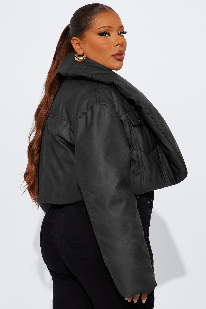 Cloud Hopping Faux Leather Puffer Jacket - Black Wash