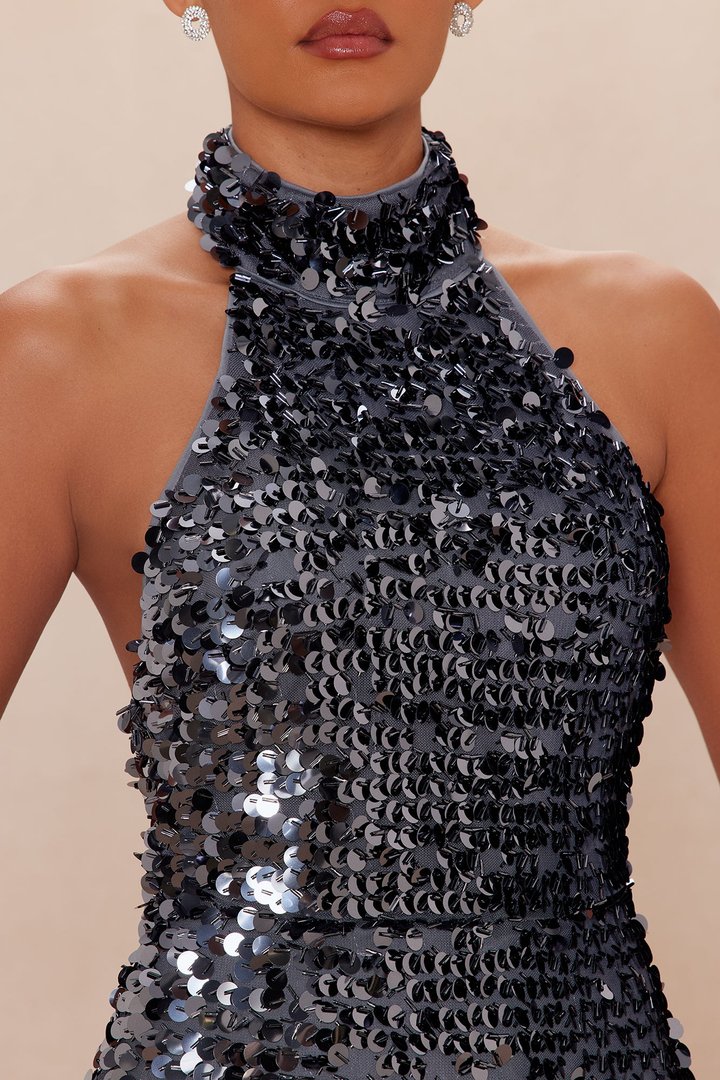 Sora Backless Sequin Gown - Gunmetal