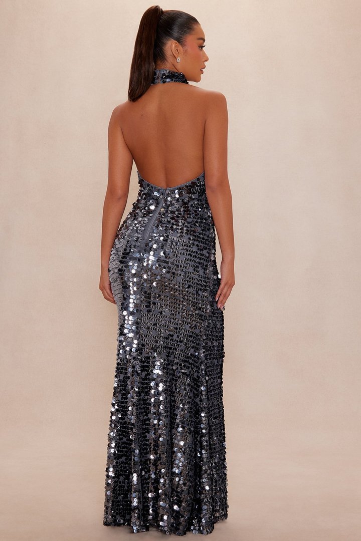 Sora Backless Sequin Gown - Gunmetal