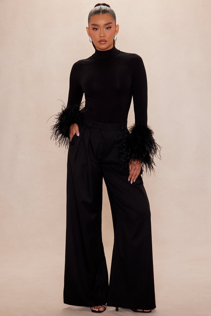 Poppy Feather Bodysuit - Black