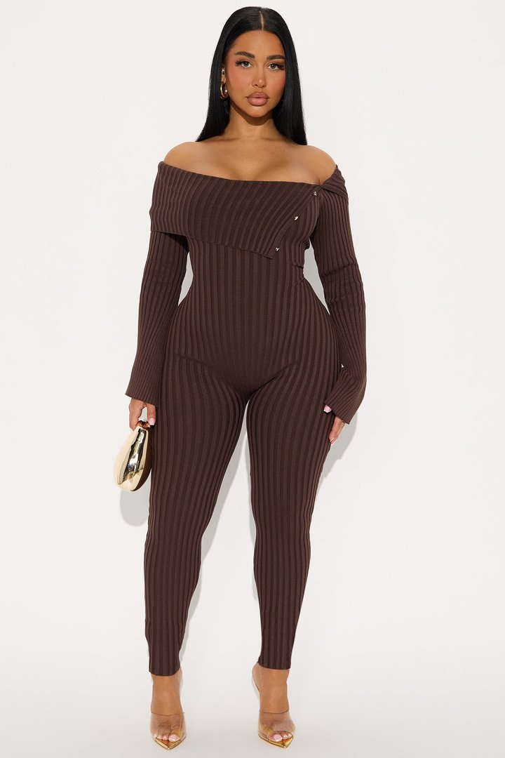 Melina Sweater Off Shoulder Skinny Leg Jumpsuit - Chocolate