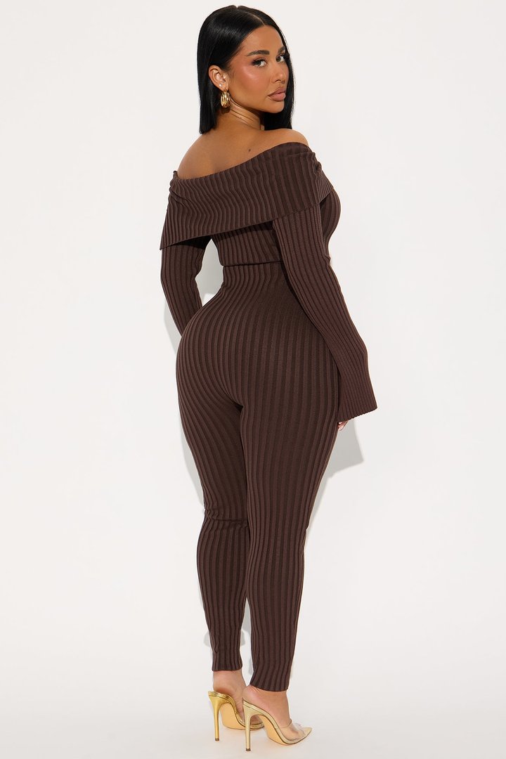 Melina Sweater Off Shoulder Skinny Leg Jumpsuit - Chocolate