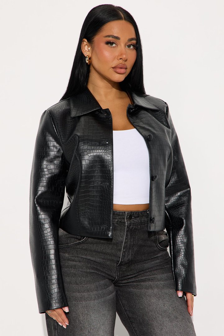 Gina Croc Faux Leather Jacket - Black