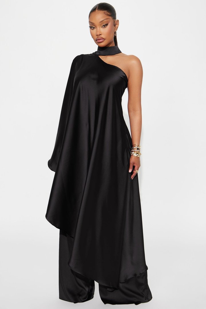 Solana Satin One Shoulder Draped Pant Set - Black