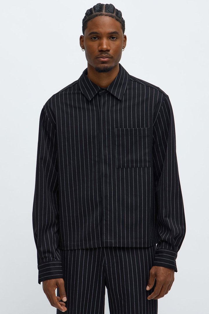 Cropped Striped Button Up Shirt - Black