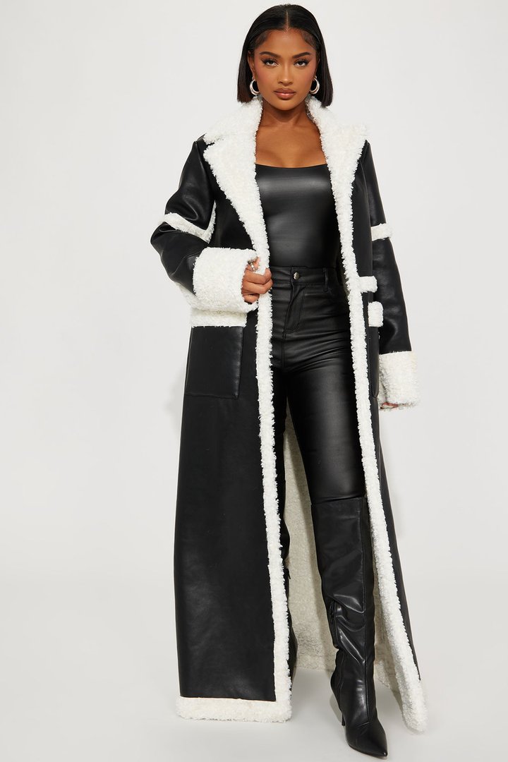 Calling Again Faux Leather Trench Coat - Black