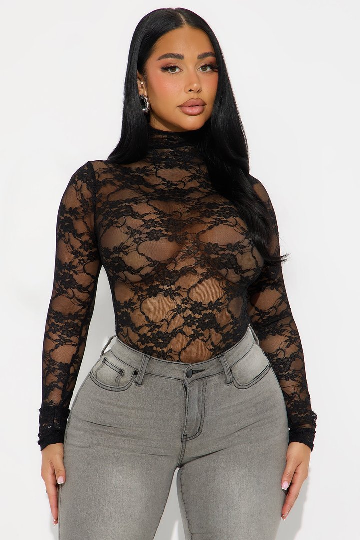 Elma Long Sleeve Turtle Neck Lace Bodysuit - Black