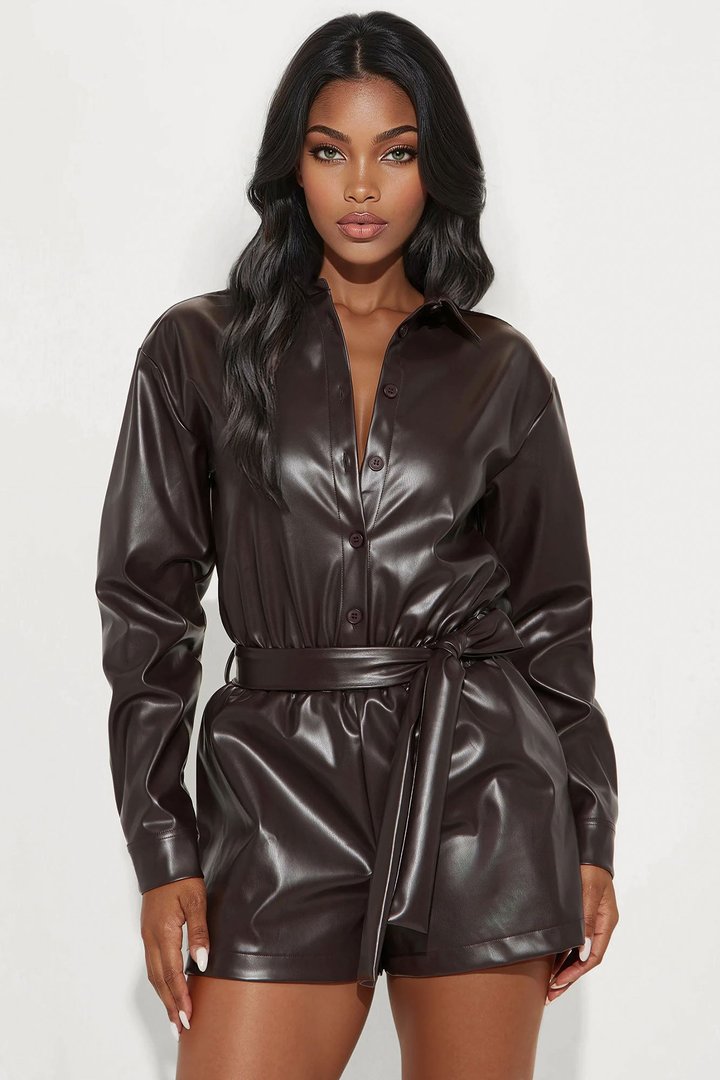 Natalia Faux Leather Romper - Brown
