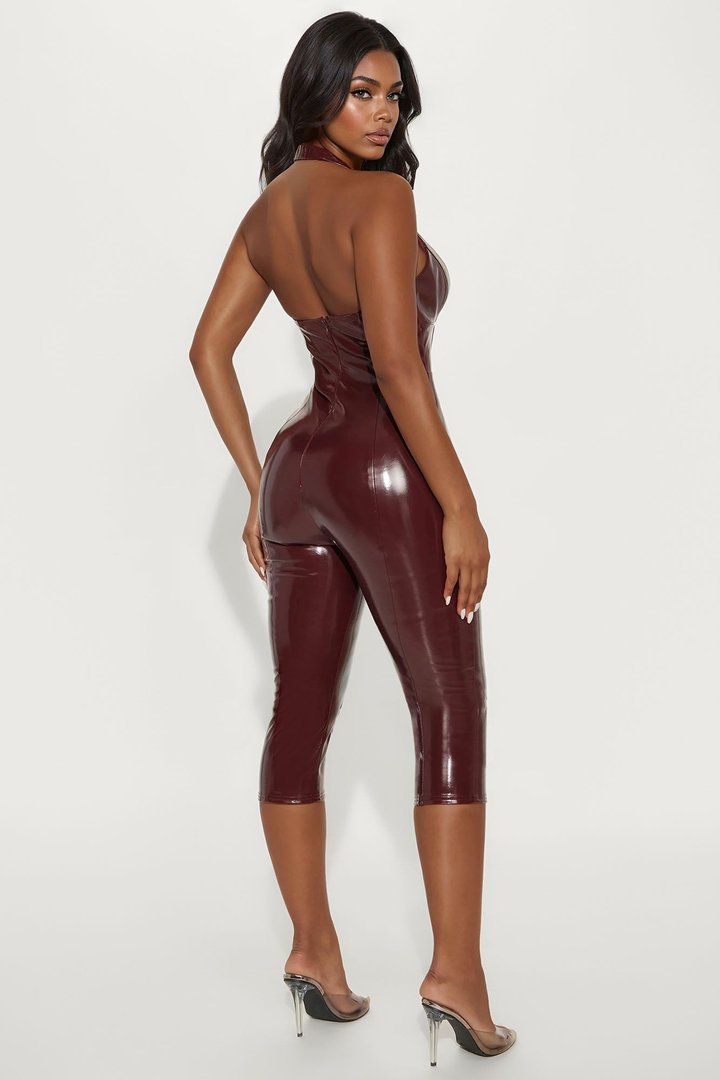 Georgina Faux Leather Capri Jumpsuit - Burgundy