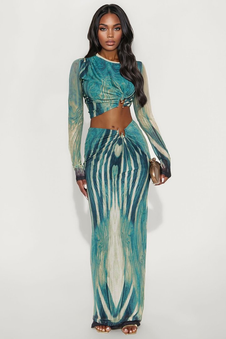 Rolling With It Mesh Maxi Skirt Set - Teal/combo