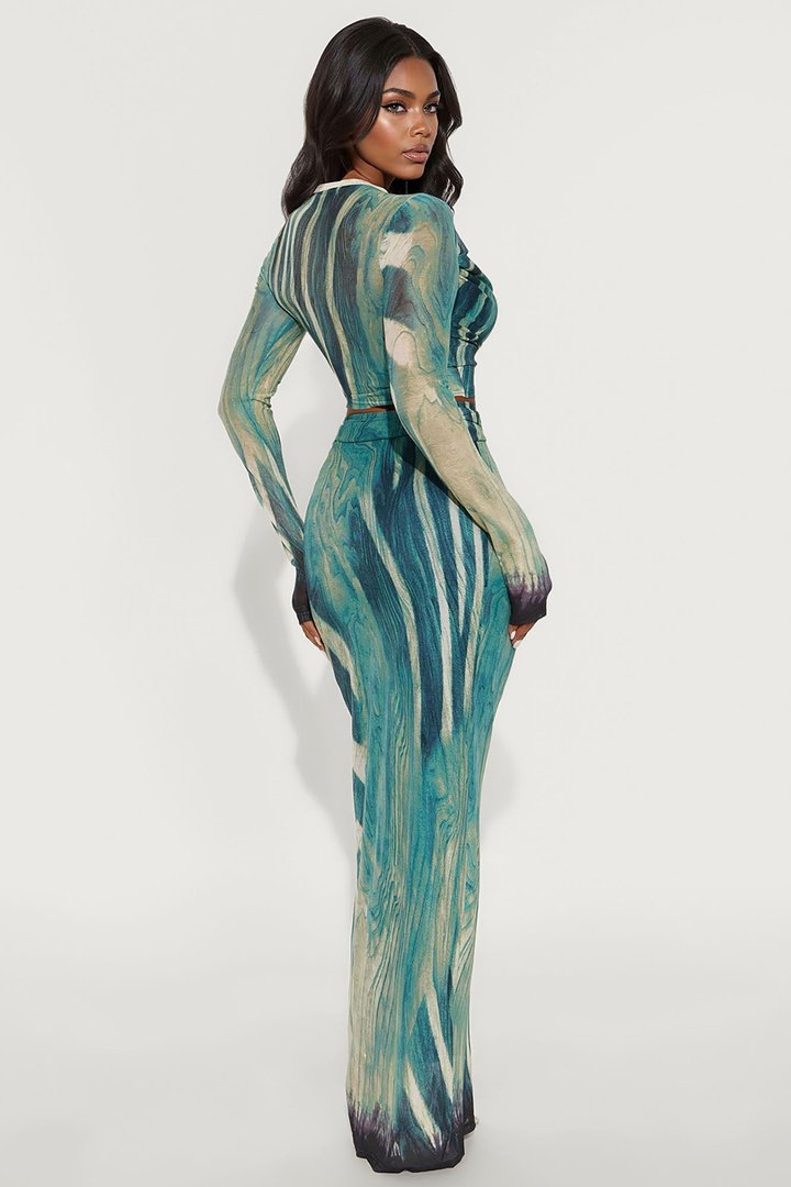 Rolling With It Mesh Maxi Skirt Set - Teal/combo
