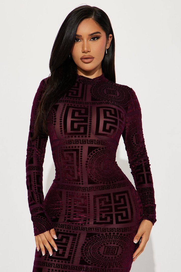 Remy Velvet Burnout Midi Dress - Burgundy