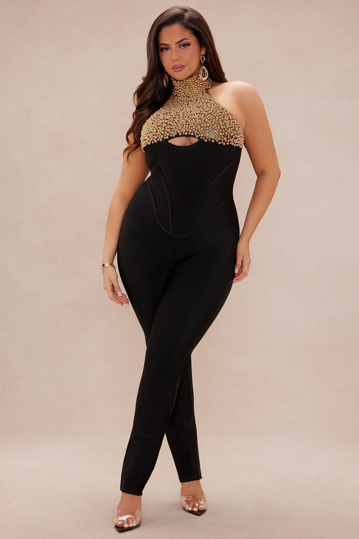 Patricia Embellished Bandage Jumpsuit - Black