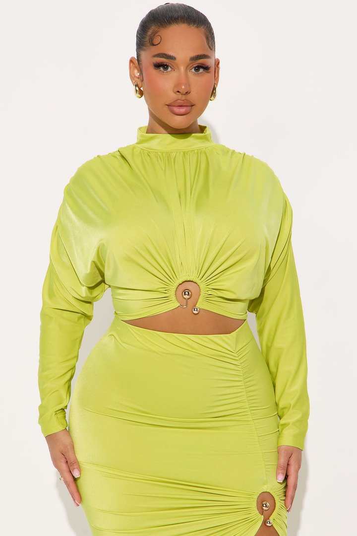 Letting It Go Long Sleeve Ruched Skirt Set - Chartreuse