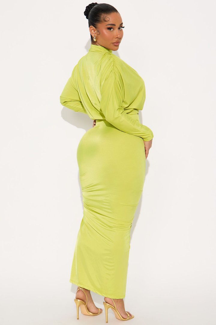 Letting It Go Long Sleeve Ruched Skirt Set - Chartreuse