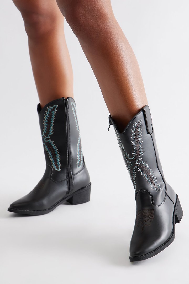 Spur Faux Leather Cowboy Boots - Black