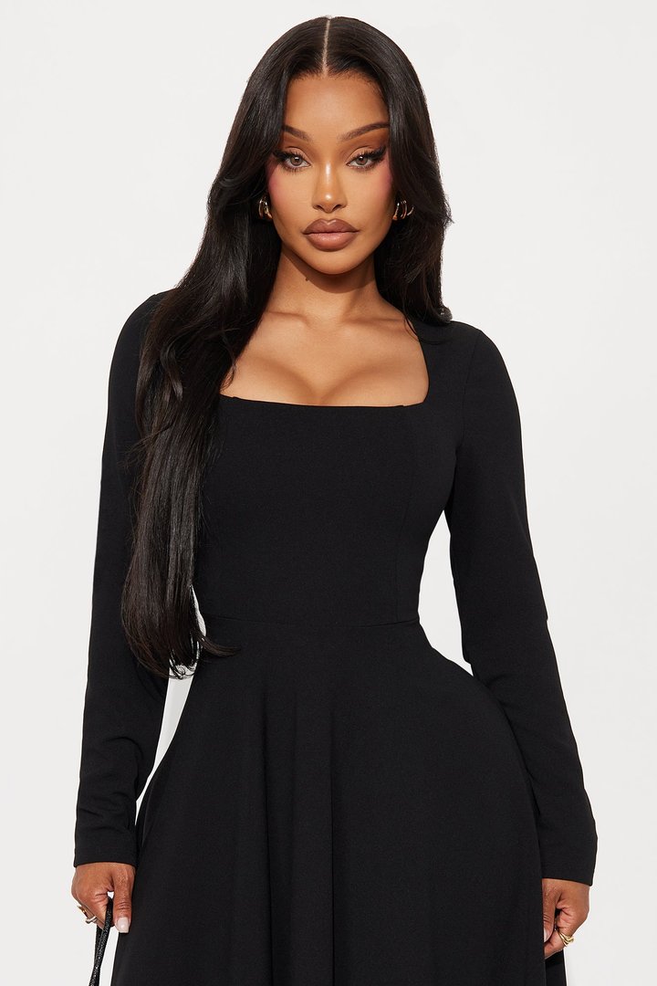 Alena Long Sleeve Midi Dress - Black