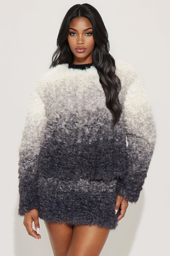 On One Condition Faux Fur Jacket Skirt Set - Grey