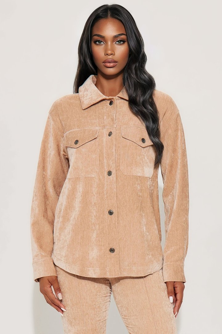 Corrina Velvet Shacket Pant Set - Taupe