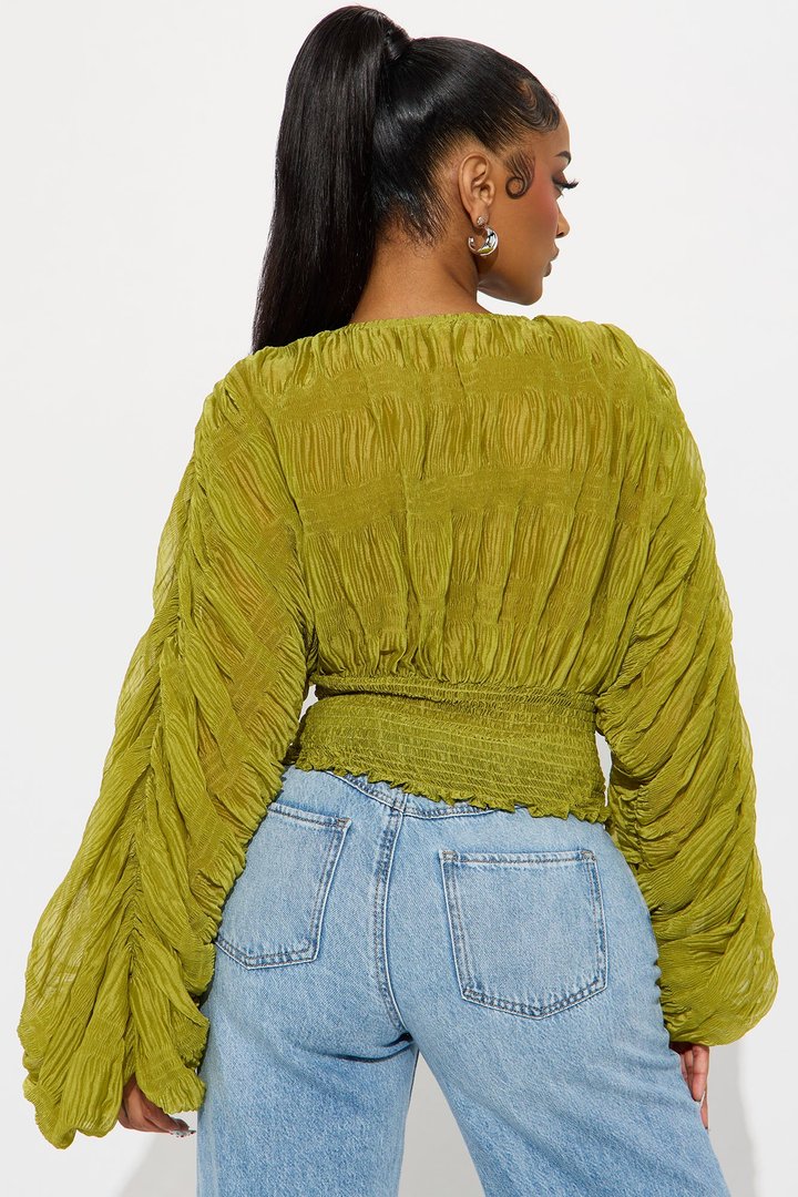 Keep Dreaming Surplice Gauze Long Sleeve Blouse - Chartreuse