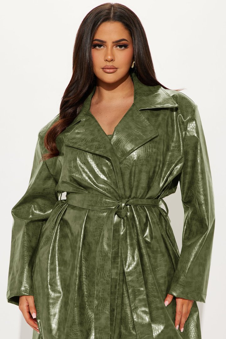 Hit The Gas Faux Leather Trench and Mini Dress Set - Olive
