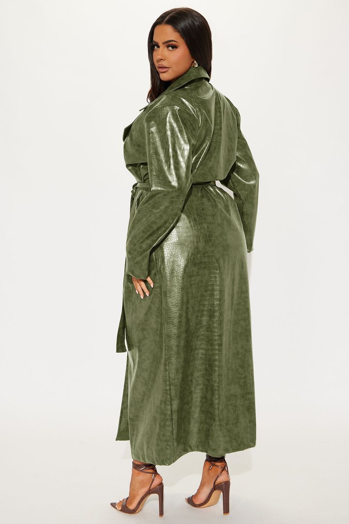 Hit The Gas Faux Leather Trench and Mini Dress Set - Olive