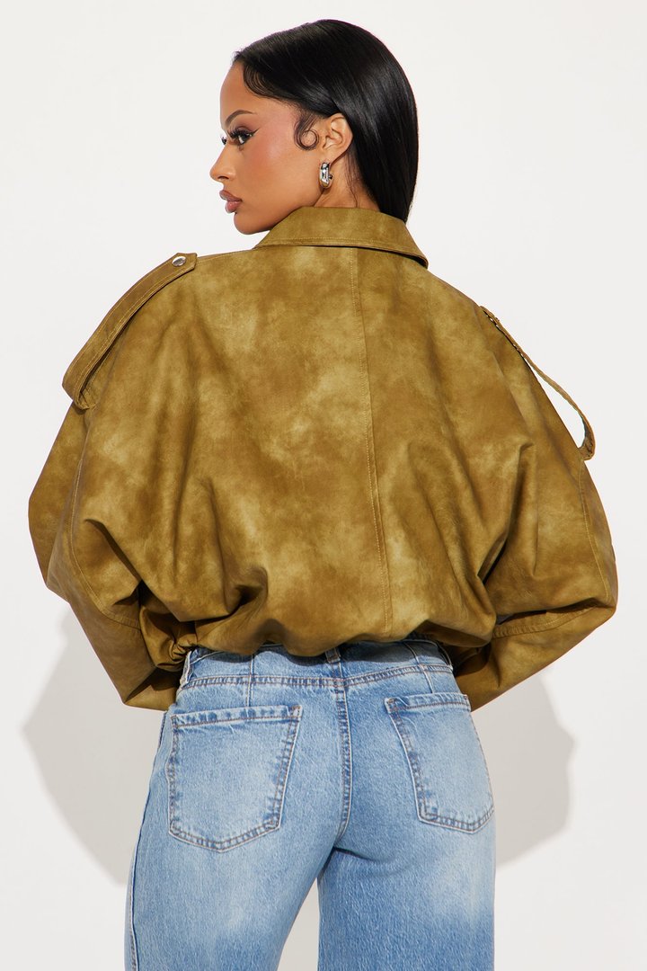Chelsea Washed Faux Leather Bubble Jacket - Olive