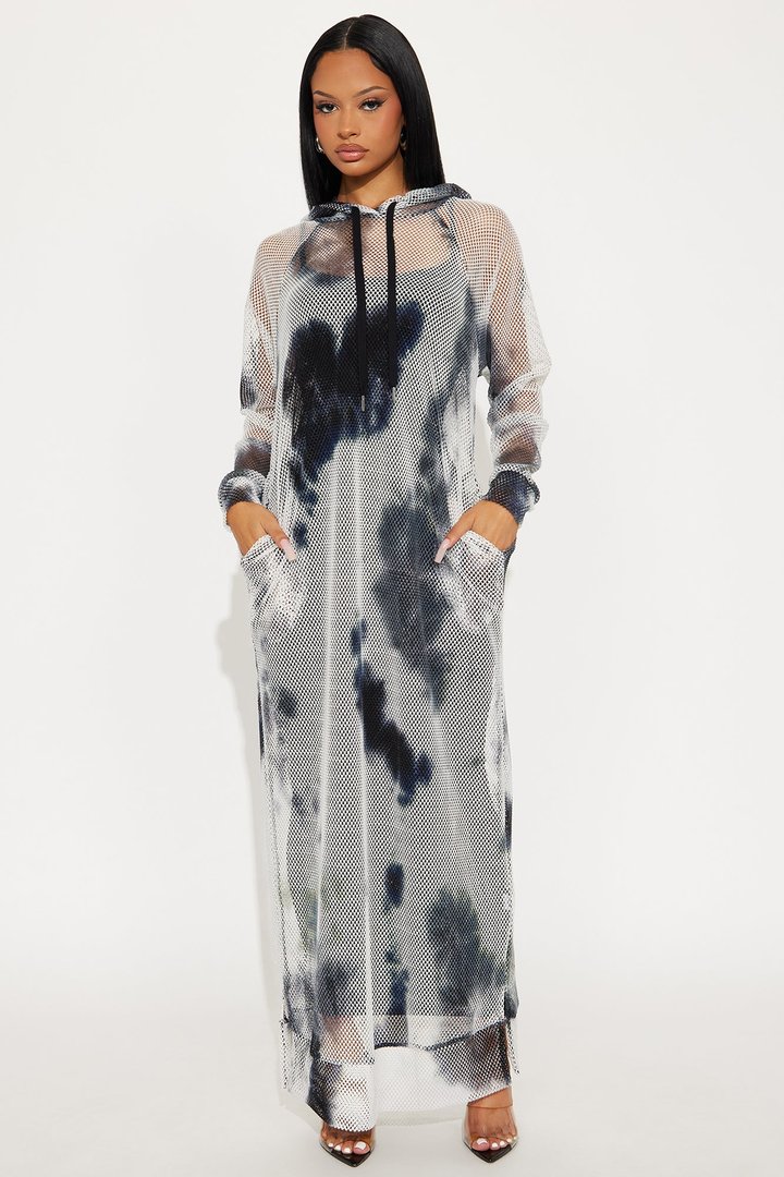 Casually Charming Hooded Maxi Dress Set - Blue/combo