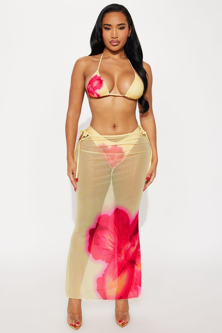 Kiana Flower Triangle 3 Piece Bikini & Maxi Skirt Set - Yellow/combo